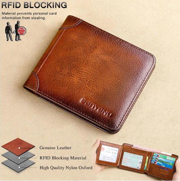 💰RFID Blocking Trifold Mens Wallets 2 ID Windows Cowhide Wallet, Large capacity, Handmade