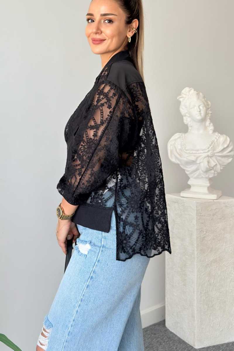 Romantic Sheer Lace Bomber Jacket with Balloon Sleeves