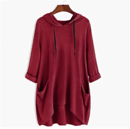 Women's Hooded Solid Color Loose Sweatshirt, Irregular Pocket Top