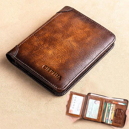 💰RFID Blocking Trifold Mens Wallets 2 ID Windows Cowhide Wallet, Large capacity, Handmade