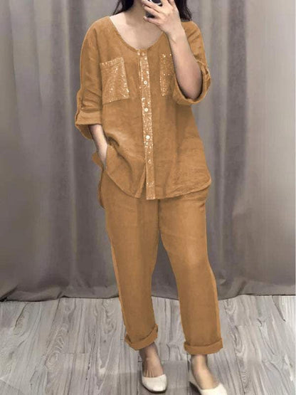 Sequined Round Neck Mid-sleeve Two-piece Suit