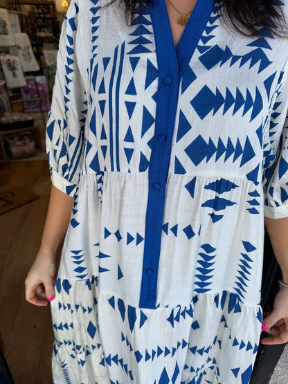 Women's Button V Neck Geometric Print Dress