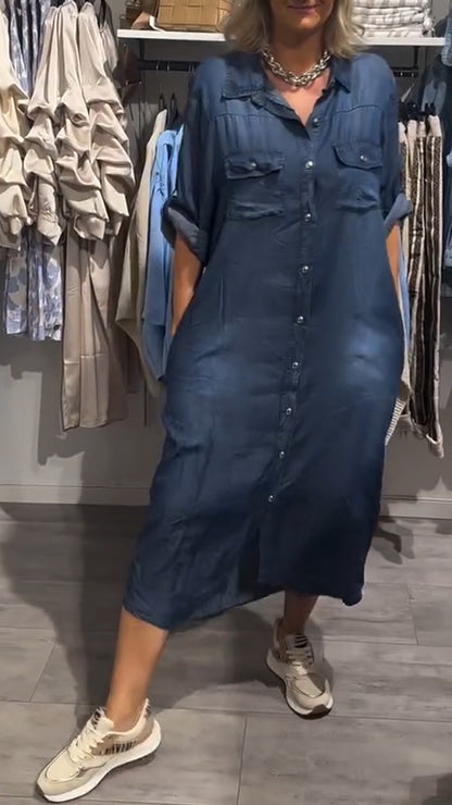 Stylish Women's Lapel Button Long Denim Casual Dress