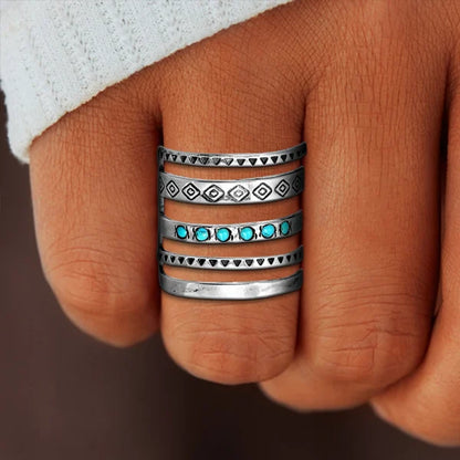 Sterling Silver Bohemian Openwork Carved Turquoise Ring