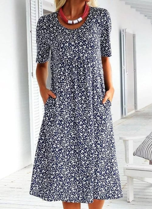 🎁2025 New Year Hot Sale💖Round Neck Floral Dress（8 Colors with Pockets）