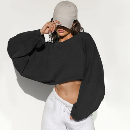 Women Long Sleeve Cropped Sweatshirt Oversized Crew Neck Workout Tops