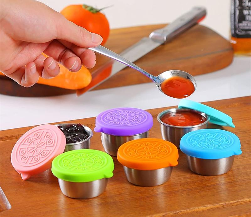 🔥LAST DAY ONLY 49% OFF🔥Set of 6,1.6 oz Small Stainless Steel Sauce Cups With Leakproof Silicone Lids