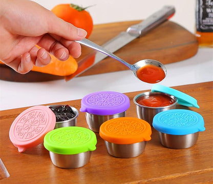 🔥LAST DAY ONLY 49% OFF🔥Set of 6,1.6 oz Small Stainless Steel Sauce Cups With Leakproof Silicone Lids