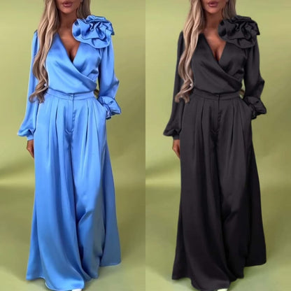 🌸NEW HOT SALE✨Effortless Elegance!💃Women’s V-Neck Top & Wide-Leg Pants 2-Piece Set – Chic & Comfortable!🌸