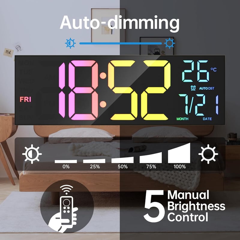 8.67''/16" Digital Wall Clock with RGB Color Changing Remote Control