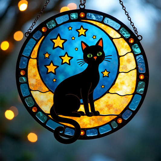 Whimsical Moonlight Cat Window Hanging