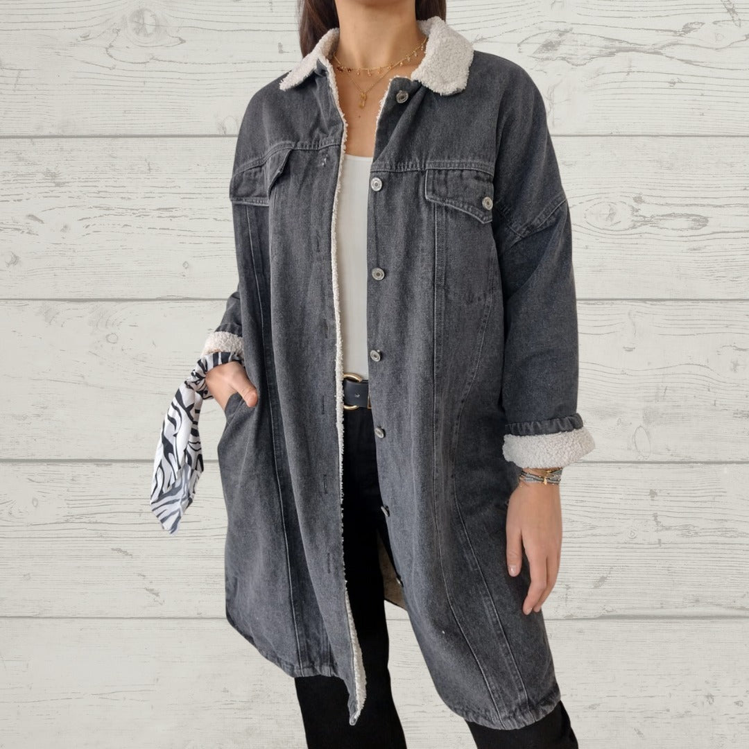 Mid-Length Lamb Wool Washed Denim Lapel Coat