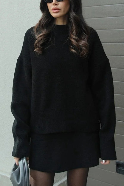 Solid Color Casual Knit Top and Knit Stretch Mini Skirt Set