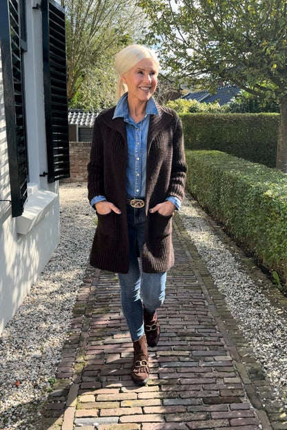 Solid Color Knitted Collar Cardigan with Pockets