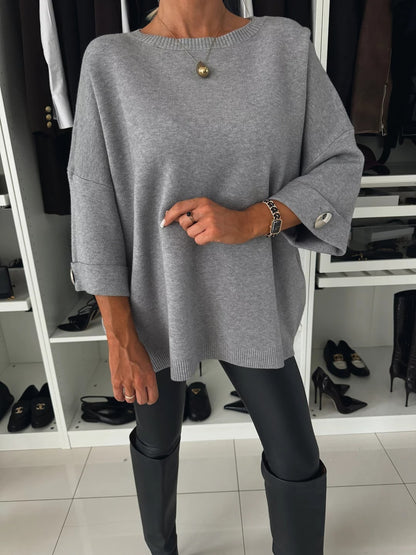 Round Neck Mid-sleeve Knitted Casual Sweater