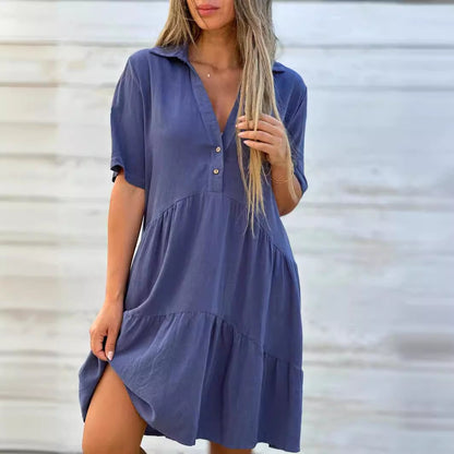 Solid color comfort lapel button dress