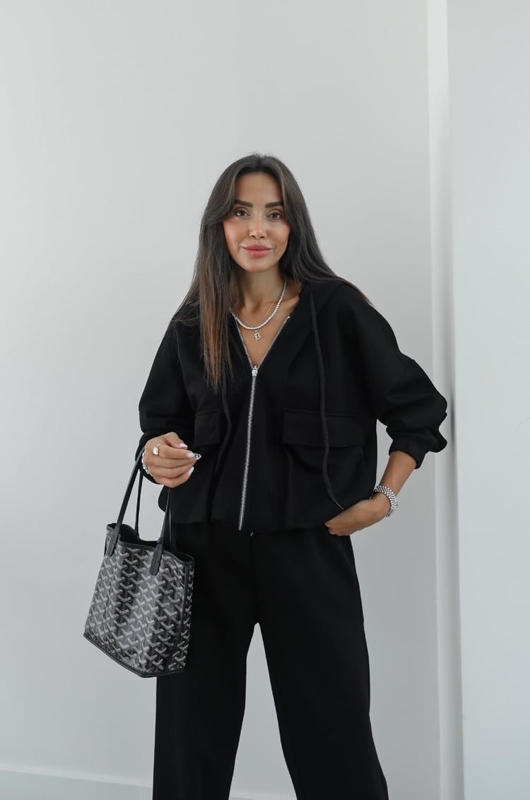 Zipper Hoodie and Elastic Waist Set