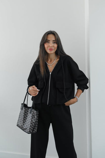 Zipper Hoodie and Elastic Waist Set