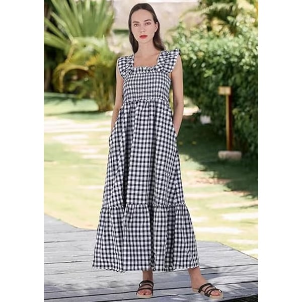 ✨Women's Retro Plaid Smocked Dress Spaghetti Strap Flounce Long Dress
