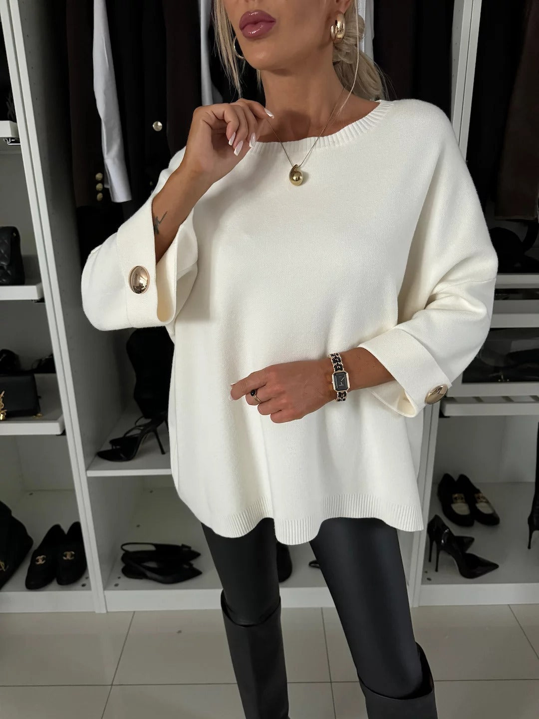 Round Neck Mid-sleeve Knitted Casual Sweater