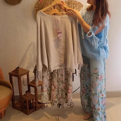 💥Women's Loose Fit Blouse & Floral Printed Wide-Leg Pants Set