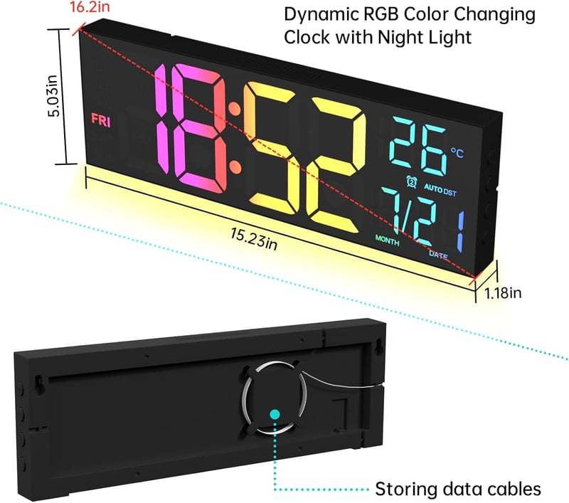 8.67''/16" Digital Wall Clock with RGB Color Changing Remote Control