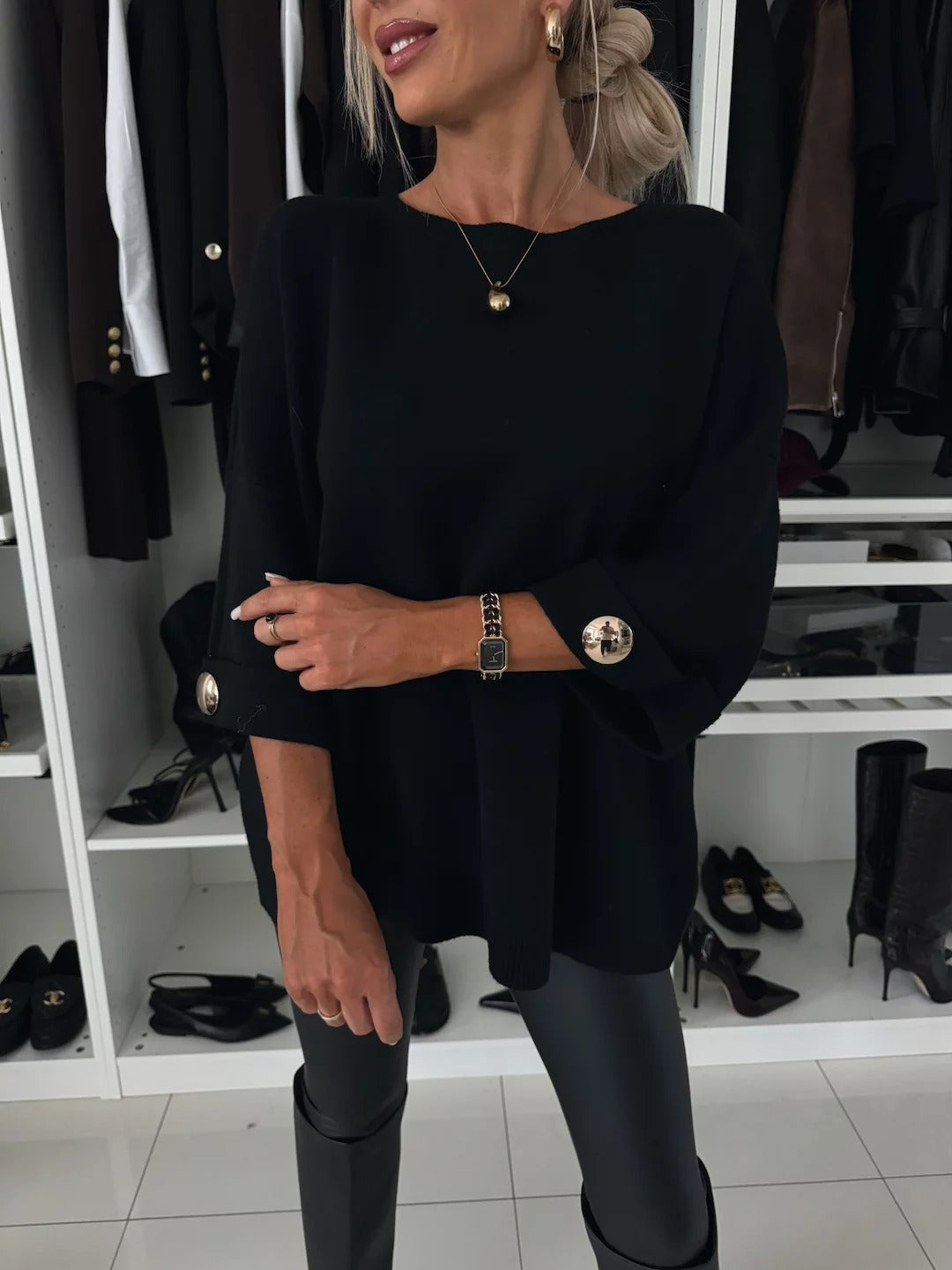 Round Neck Mid-sleeve Knitted Casual Sweater