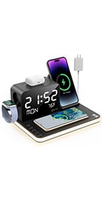 7 in 1 Charging Station with Clock, Wireless Charger with Night Light