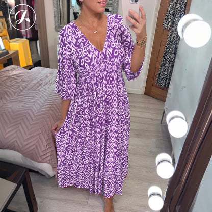 💃Bohemian casual print V-neck waist wrap long dress-🔥