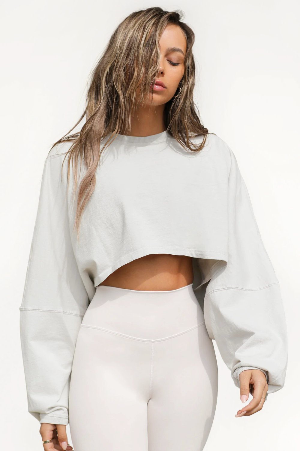 Women Long Sleeve Cropped Sweatshirt Oversized Crew Neck Workout Tops