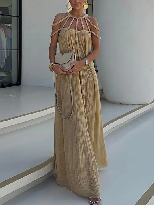 Modern and Sophisticated Linen Blend Draped Braids Cover Up Maxi Dress