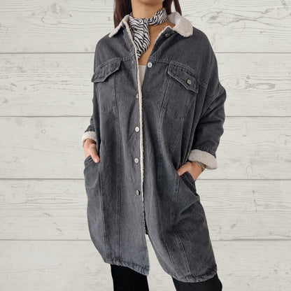Mid-Length Lamb Wool Washed Denim Lapel Coat