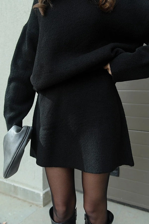 Solid Color Casual Knit Top and Knit Stretch Mini Skirt Set