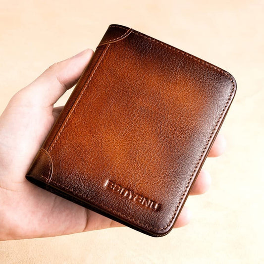 💰RFID Blocking Trifold Mens Wallets 2 ID Windows Cowhide Wallet, Large capacity, Handmade
