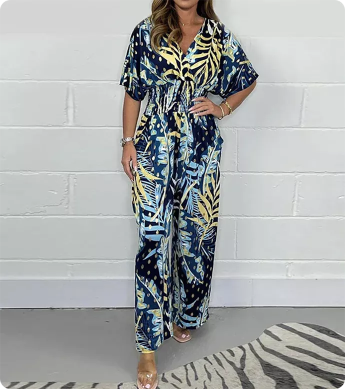 🌸Up to 40% off🔥Women's Summer Fashion Leaf Print Plus Size Bodysuit with Elastic Waist