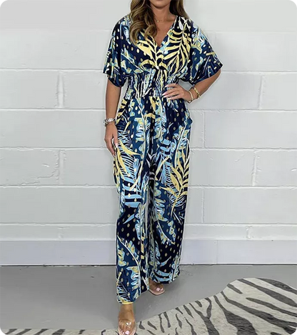 🌸Up to 40% off🔥Women's Summer Fashion Leaf Print Plus Size Bodysuit with Elastic Waist