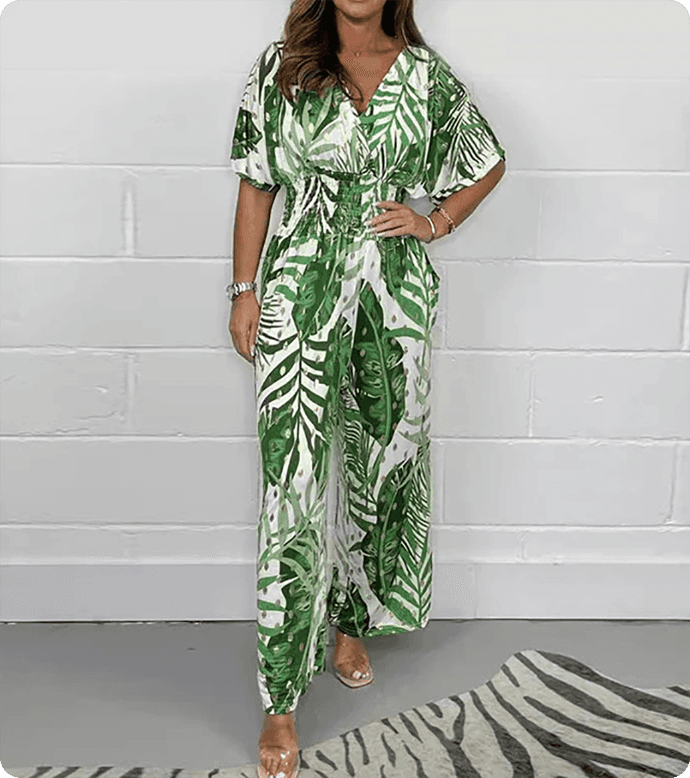 🌸Up to 40% off🔥Women's Summer Fashion Leaf Print Plus Size Bodysuit with Elastic Waist