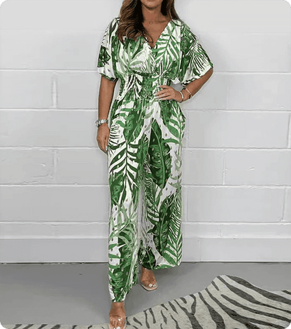 🌸Up to 40% off🔥Women's Summer Fashion Leaf Print Plus Size Bodysuit with Elastic Waist