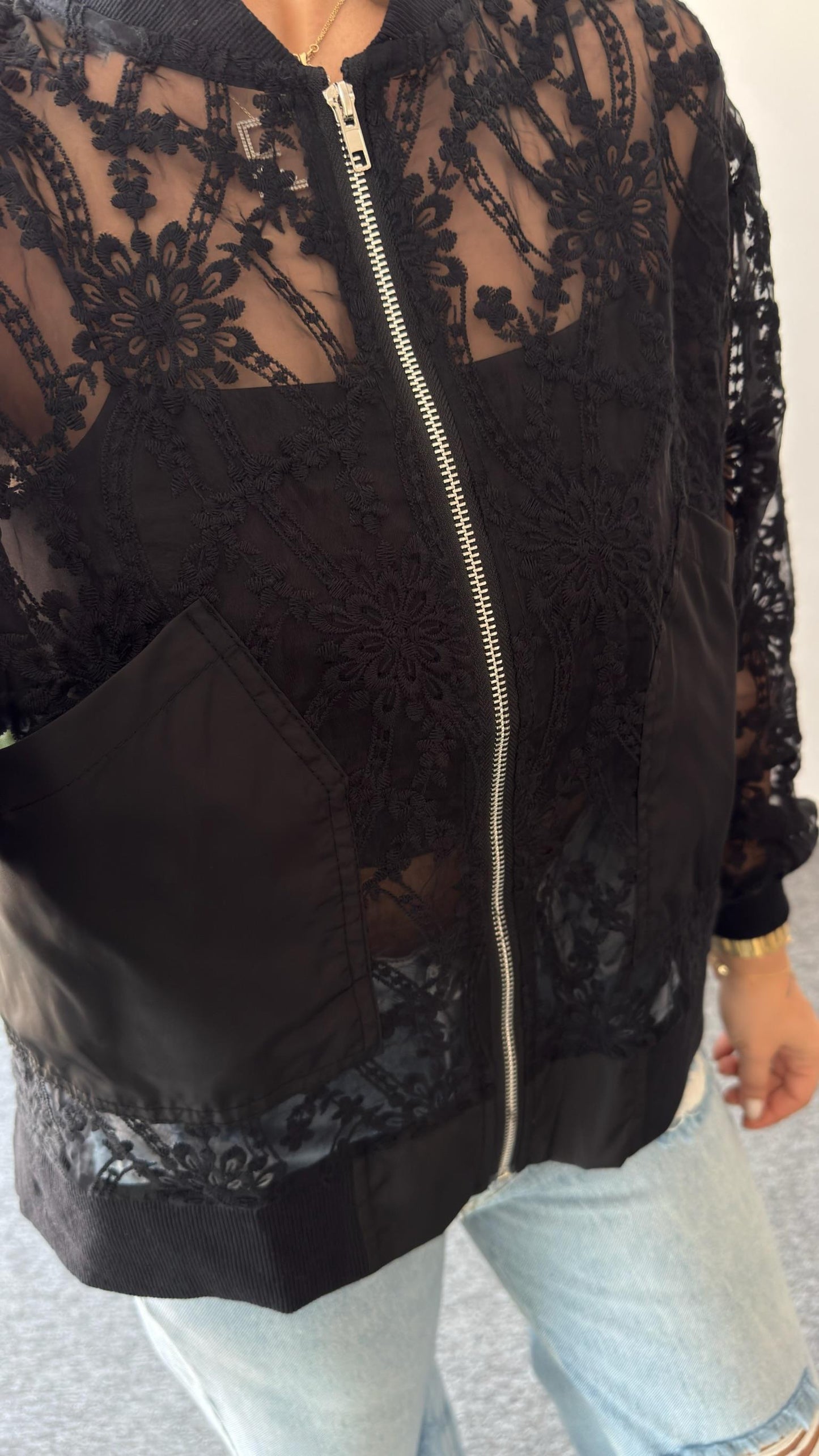 Romantic Sheer Lace Bomber Jacket with Balloon Sleeves