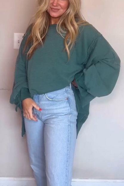 Women's Casual Round Neck Loose Hem Slit Sweatshirt