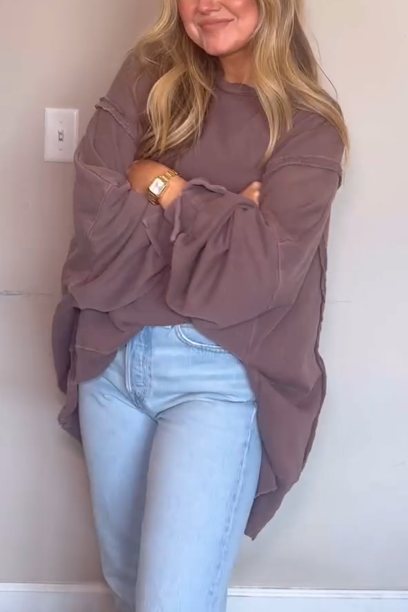 Women's Casual Round Neck Loose Hem Slit Sweatshirt