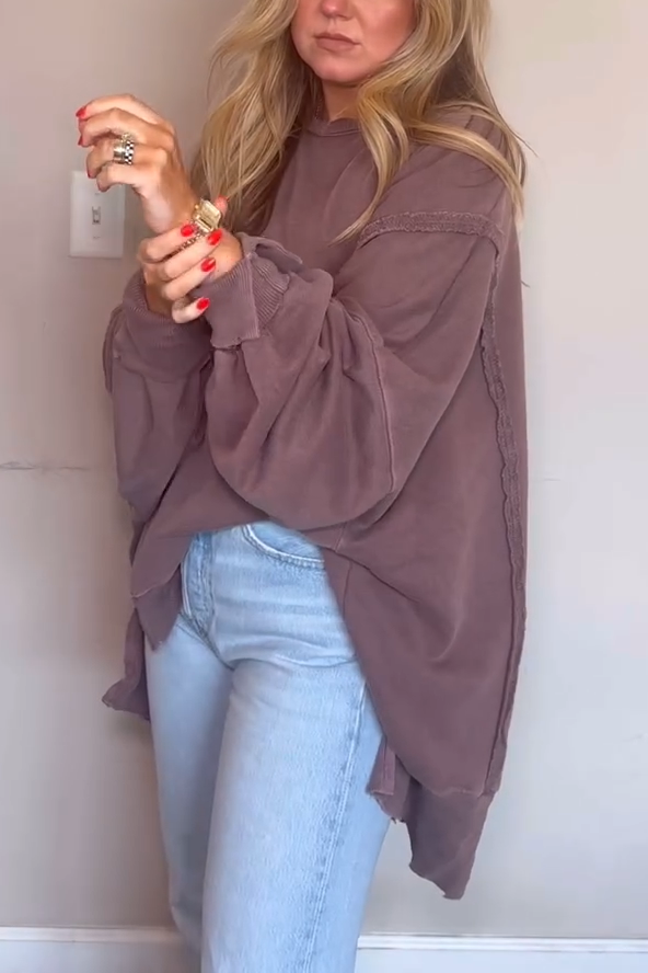 Women's Casual Round Neck Loose Hem Slit Sweatshirt