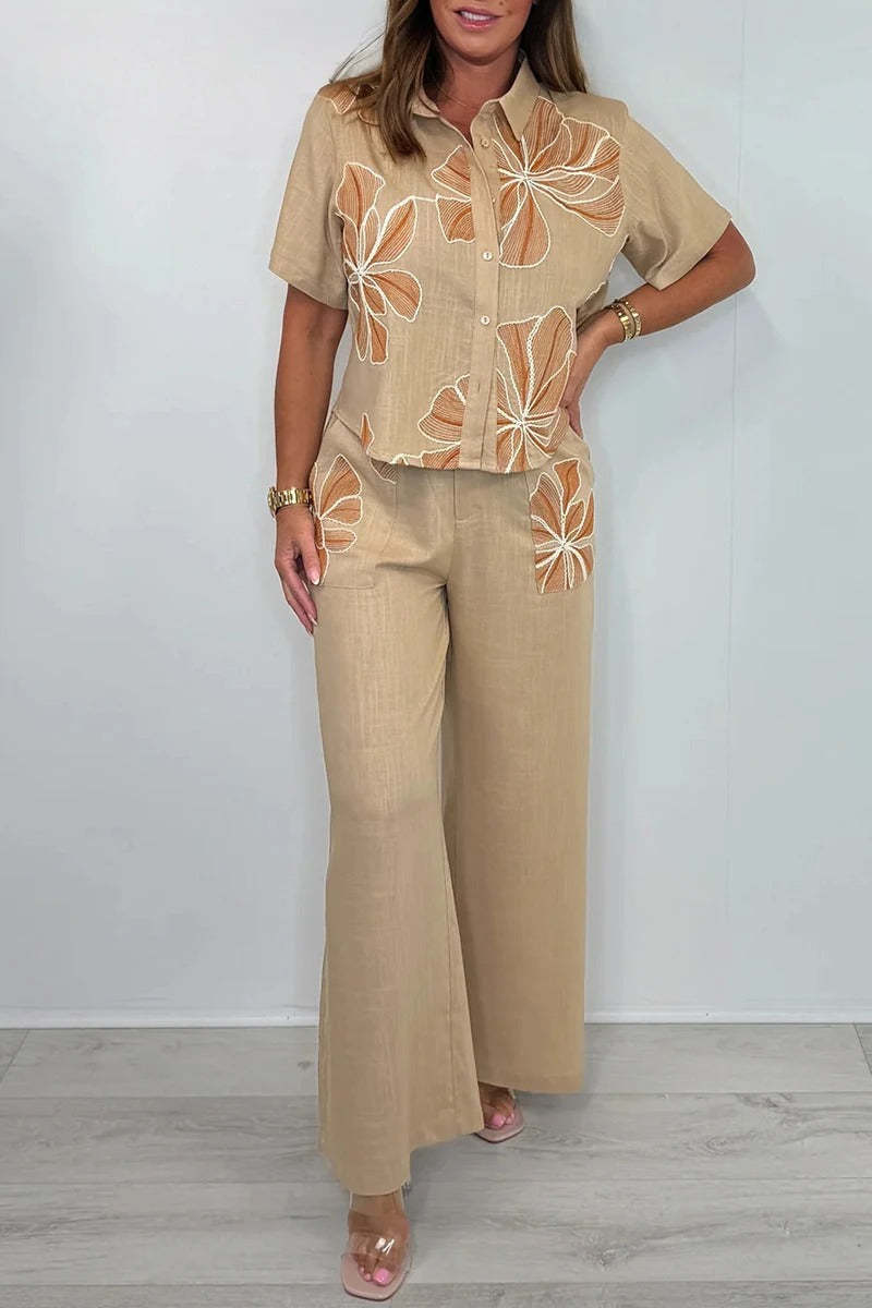 Women's Lapel Printed Cotton and Linen Casual Suit