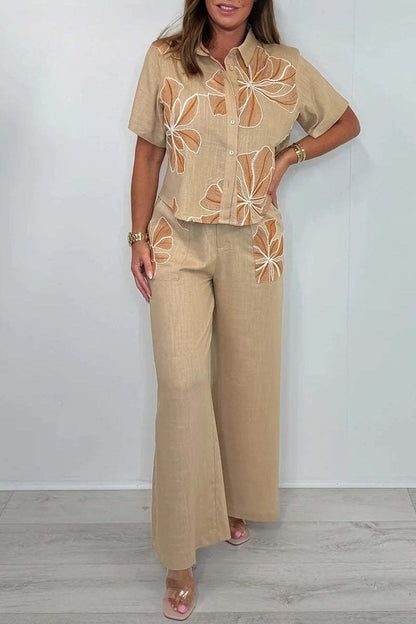 Women's Lapel Printed Cotton and Linen Casual Suit