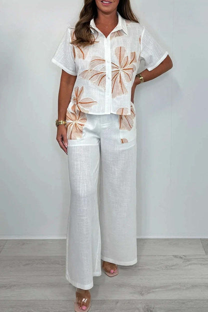 Women's Lapel Printed Cotton and Linen Casual Suit