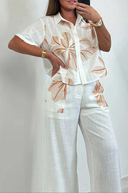 Women's Lapel Printed Cotton and Linen Casual Suit
