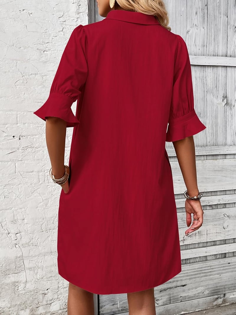 Limited time sale🔥 Womens Casual Shirt Dress Ruffle Sleeve Solid Color Button Down