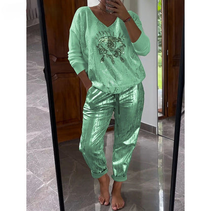 ✨Gold Shining Eye Print 2-piece suit: Blouse and trousers