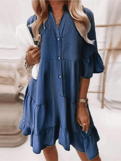 👗V-Neck Ruffle Trim Summer Dress – Lightweight Denim Look