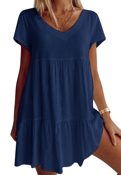 Plus Size Cotton-Blend V Neck Casual Short Sleeve Weaving Dress